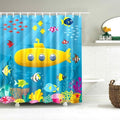 Drawn yellow submarine surrounded by tropical fish and bubbles above a coral reef
