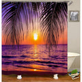 Orange sun setting over a violet sea framed by backlit black palms