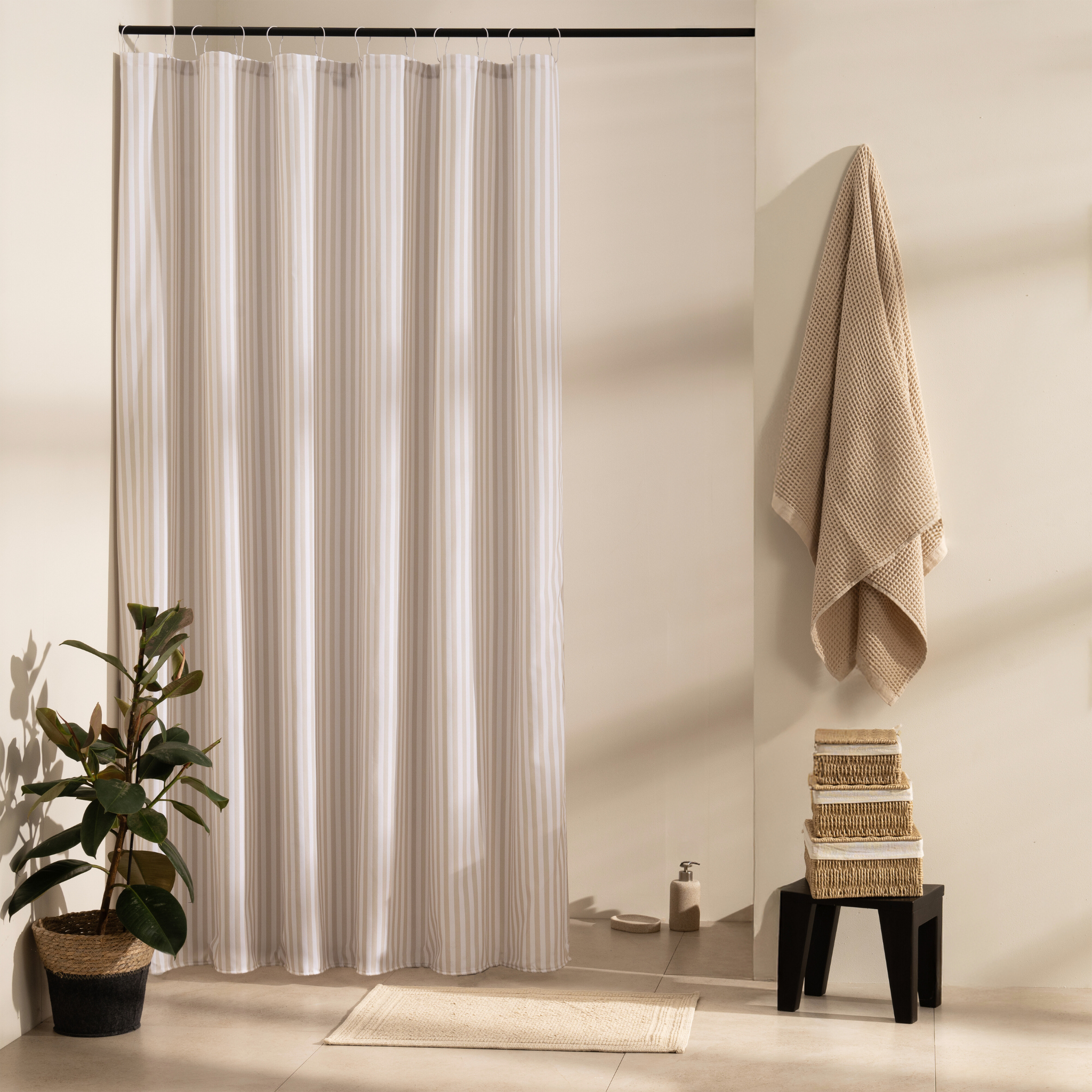 Beige and taupe vertical stripes running the full height on white
