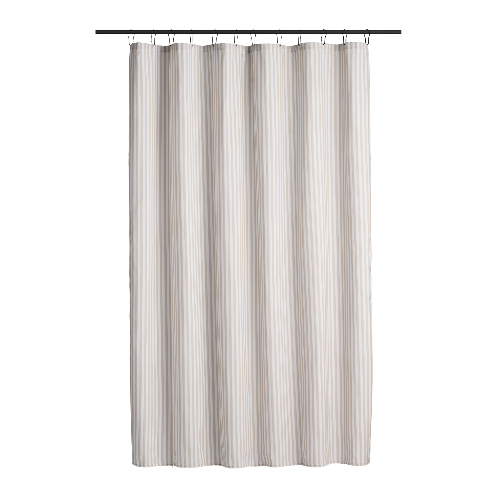 Beige striped curtain styled in a bright bathroom with pale walls