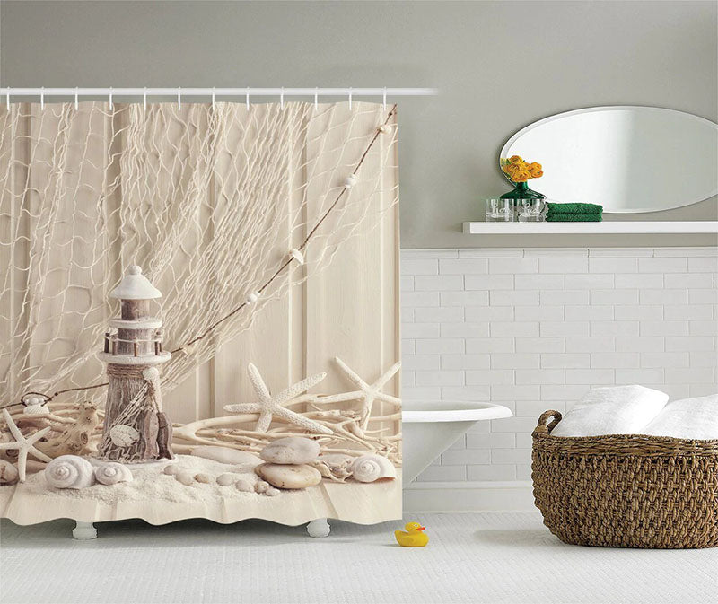 Small white lighthouse knotted net and bleached shells on sepia toned sand