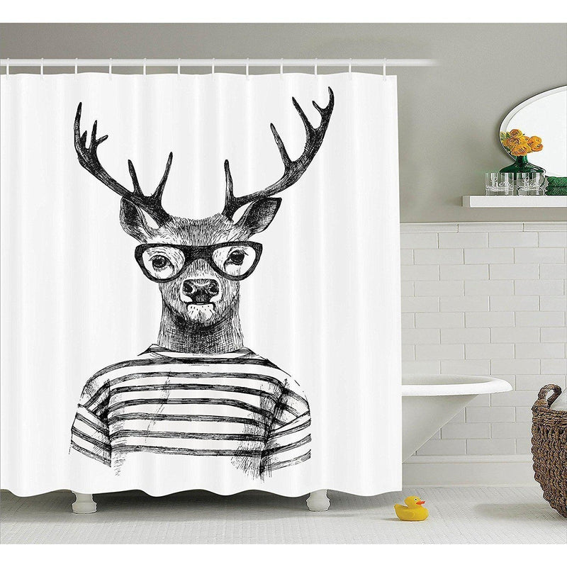 Stag drawn like an old engraving wearing round glasses and a striped jumper