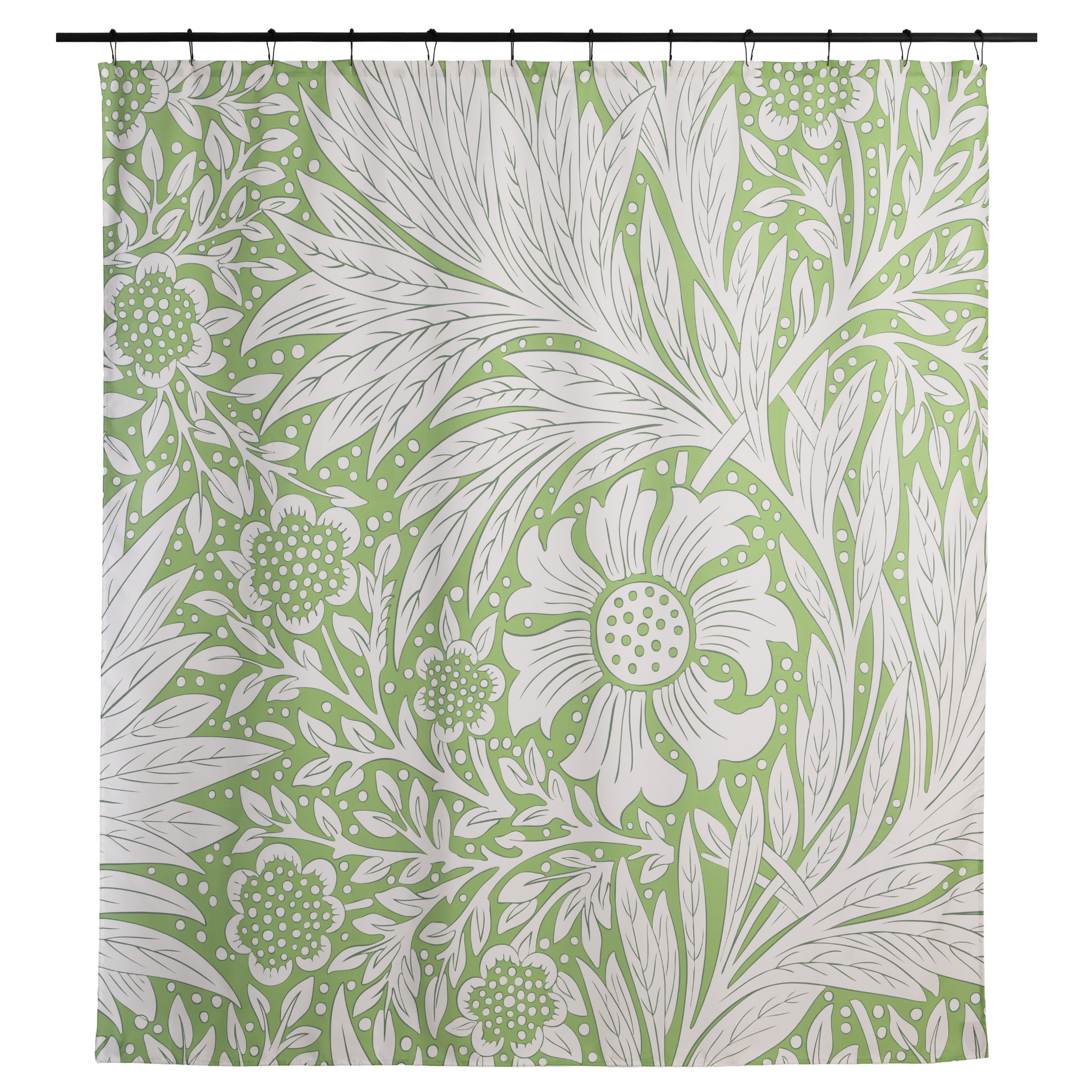 Vintage botanical curtain styled in a bright bathroom with pale walls