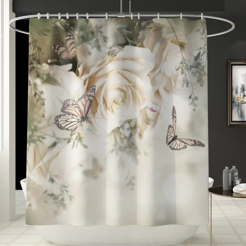 Ivory roses and butterflies rendered in a softly aged painterly finish