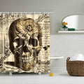 Engraved black skull in profile framed by flowers and old text on aged paper