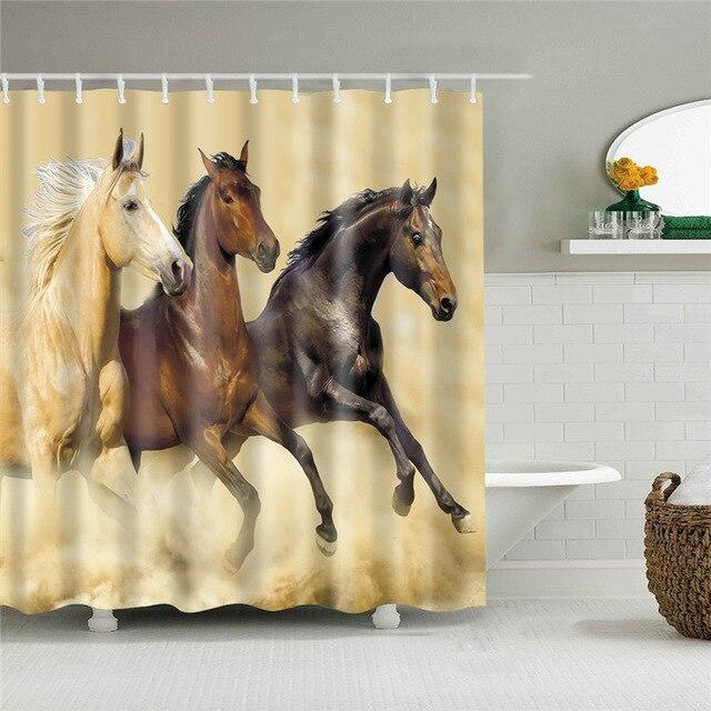 Three horses galloping across an even sandy beige background in coated fabric