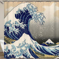 Huge foam-crested blue wave with small boats on an aged paper ground