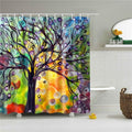 Stylised tree with foliage of multicoloured circles on a soft painted wash