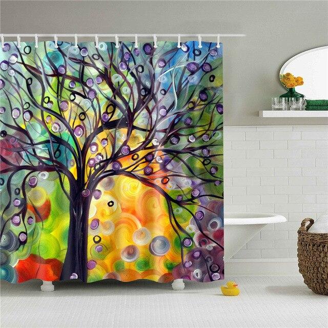 Stylised tree with foliage of multicoloured circles on a soft painted wash
