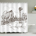 Pencil sketched wooden barn with a farm windmill and fence on white