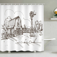 Pencil sketched wooden barn with a farm windmill and fence on white