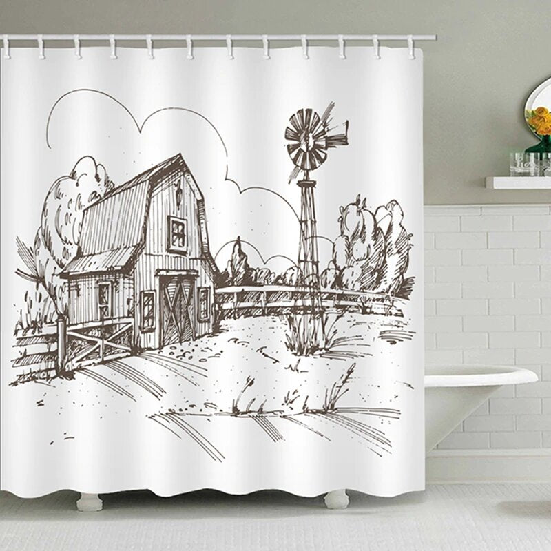 Pencil sketched wooden barn with a farm windmill and fence on white