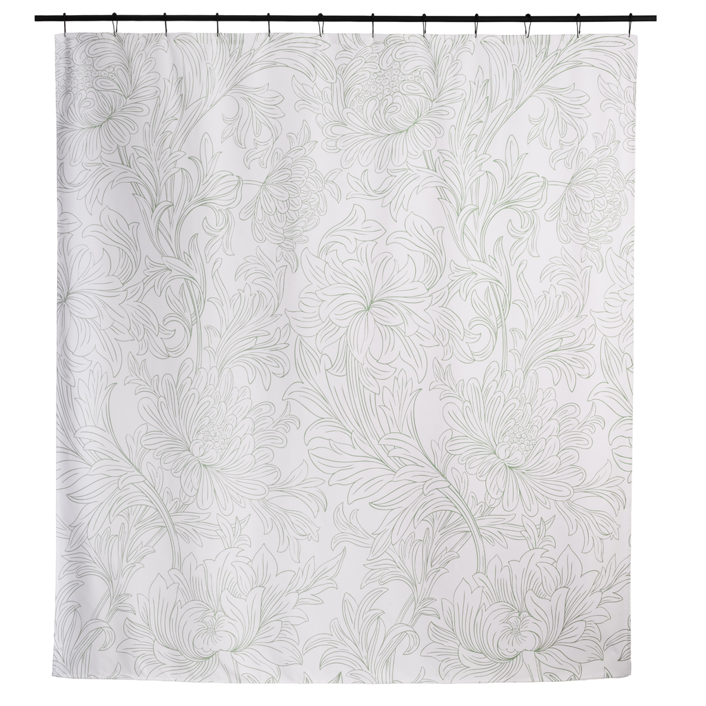 White on white curtain styled in a calm bathroom with pale tiling