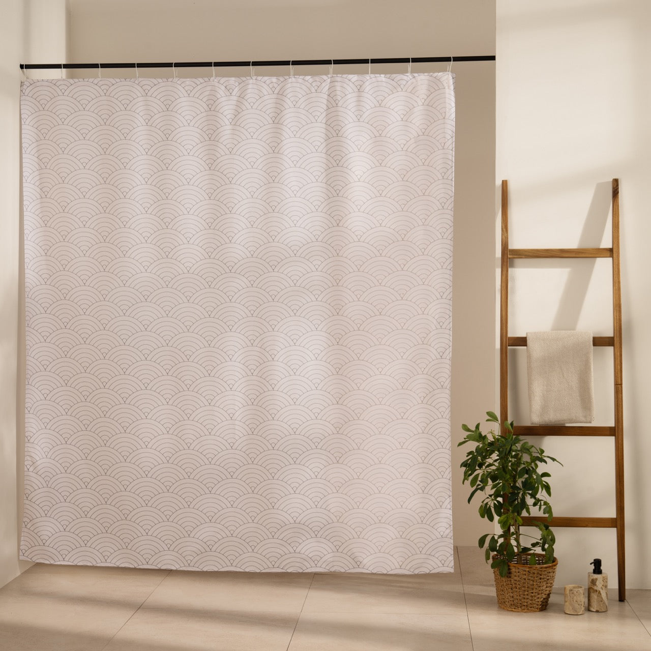 White surface covered in a repeating scale and wave relief texture