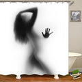 Cast shadow of a woman from behind with an open hand on white fabric
