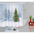 Green fir tree in front of faded snow covered conifers on pale blue