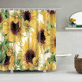 Large yellow sunflowers with brown centres and green foliage on a cream background